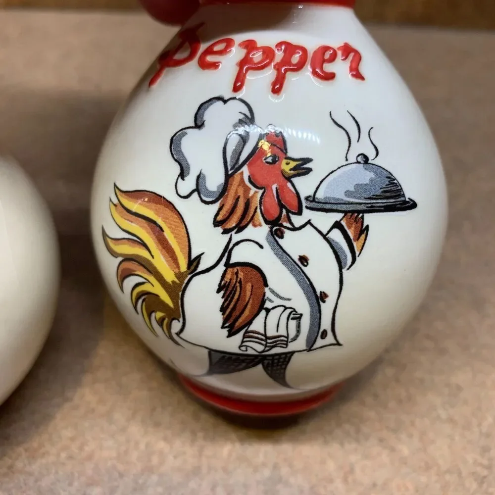 Vintage Ceramic Rooster Chef Salt & Pepper Shakers Farmhouse Kitchen Cottage
